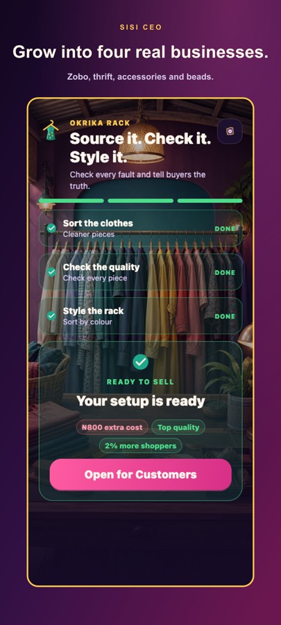 Preparing the okrika rack: sort the clothes, check every fault, style the rack.